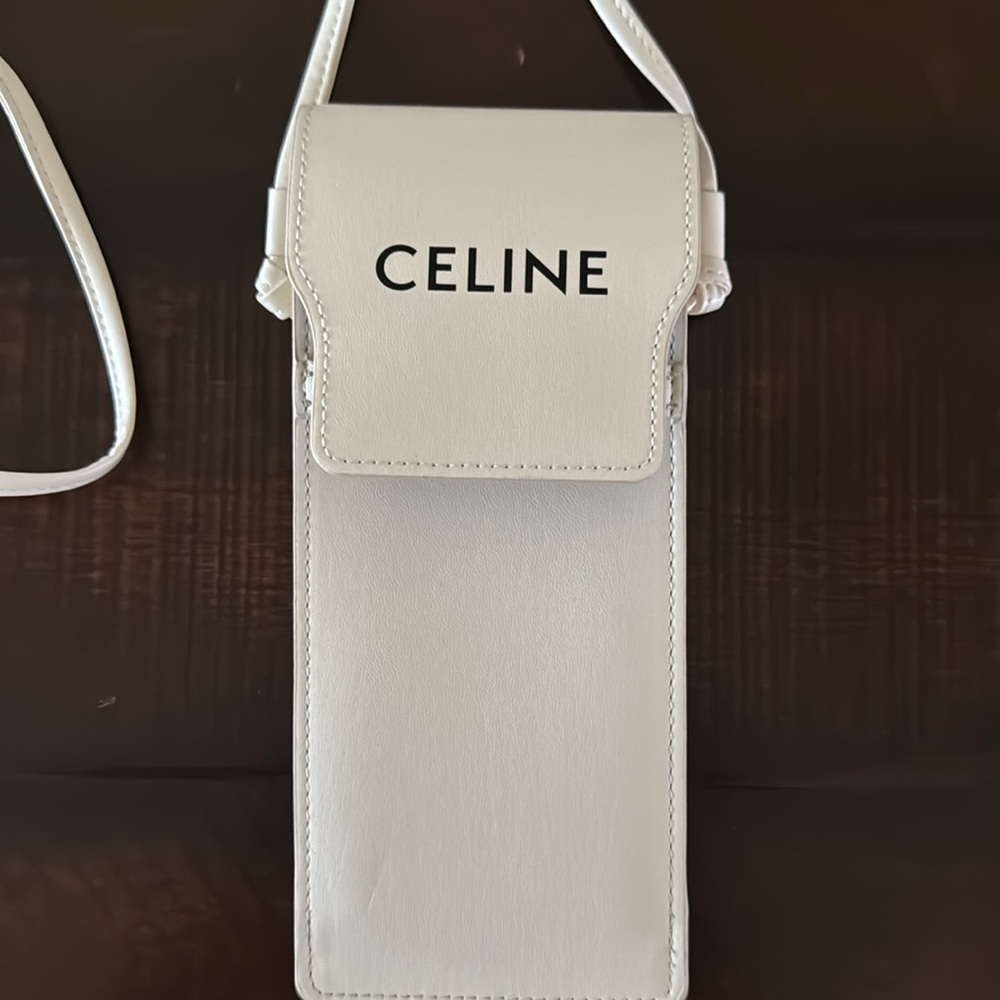 Celine New White Leather Flap Top Sunglass Case Phone Pouch Crossbody Bag